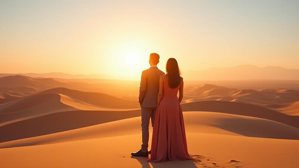 Founders of Mirage Tents surveying a vast, pristine desert landscape at sunrise, embodying elegance and adventure
