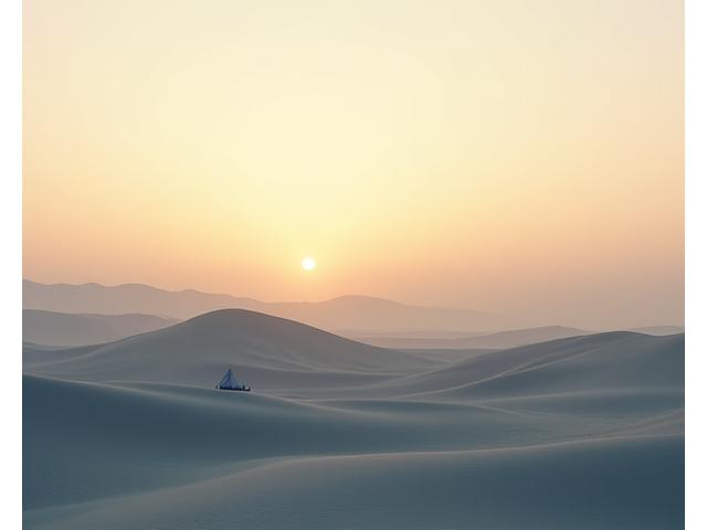 Misty desert landscape at dawn with a single, tastefully designed glamping tent