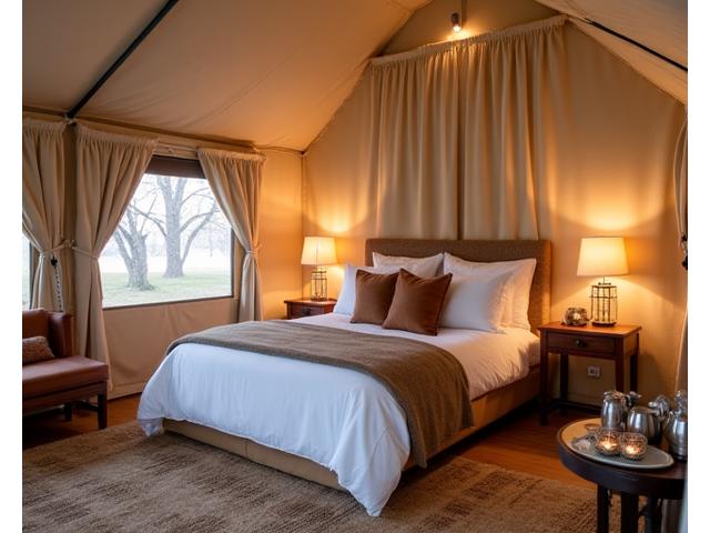 Luxurious glamping tent interior with comfortable bed, soft lighting, and elegant decor